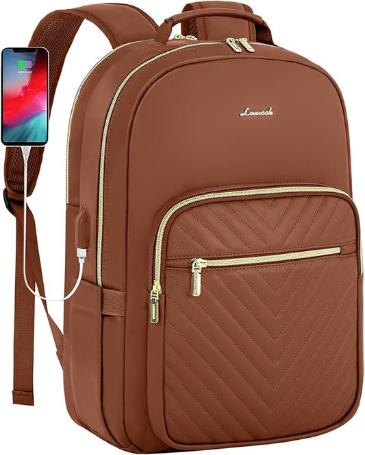 LOVEVOOK Leather Backpacks for Women,15.6 inch Leather Laptop Backpack Women Computer Backpack Laptop Bag,Stylish Quilted Travel Backpack Purse Work Bag College Teacher Backpacks with USB Port,Brown