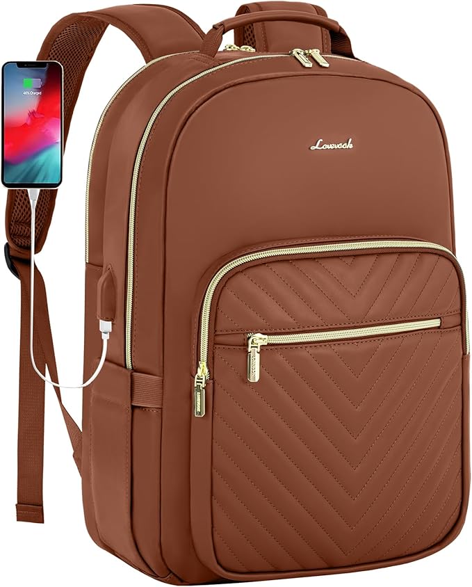 LOVEVOOK Leather Backpacks for Women,17.3 inch Leather Laptop Backpack Women Computer Backpack Laptop Bag,Stylish Quilted Travel Backpack Purse Work Bag College Teacher Backpacks with USB Port,Brown