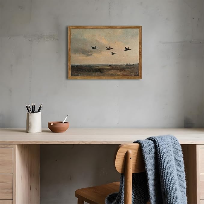 Vintage Flying Duck Wall Art, Rustic Landscape Wall Decor Retro Bird Painting Nature Wilderness 3D Textured Hand Drawn Sandstone Artwork Aesthetics for Bedroom Living Room 12x16 inch Wood Framed