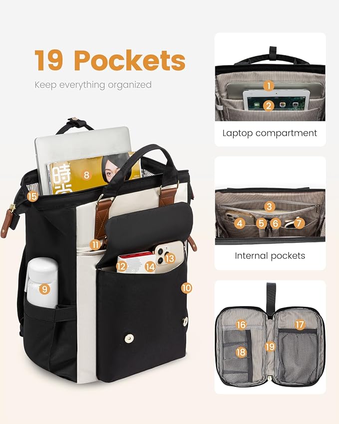 LOVEVOOK Laptop Backpack for Women, Teacher Bag Work Backpack Purse Laptop Computer Back Pack, Business Travel Backpack, Nursing College School Bookbag, 15.6 Inch, Black-Beige-Brown