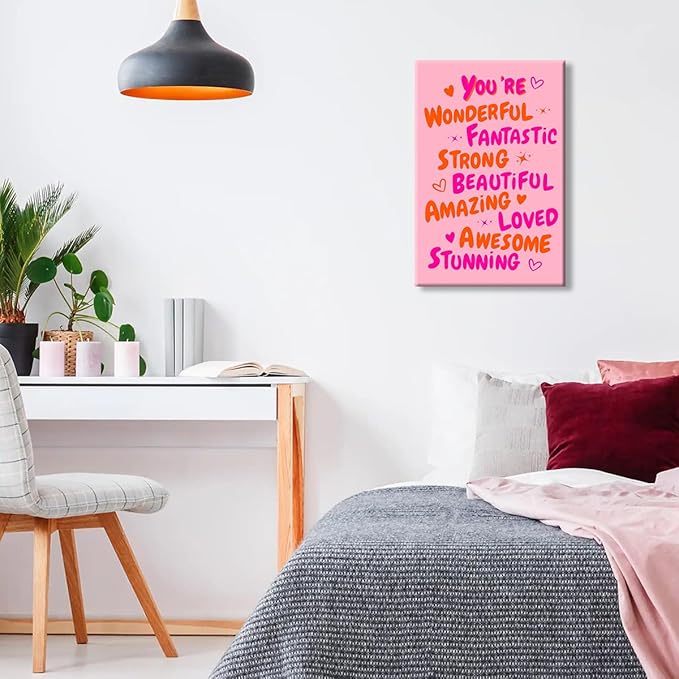 Trendy You Are Amazing You Are Awesome Poster, Funky 70s Pink Orange Aesthetic Canvas Wall Art, Preppy Uplifting Daily Reminder Quotes, Motivational Gifts Picture for Girls 16x24in Wrapped Canvas