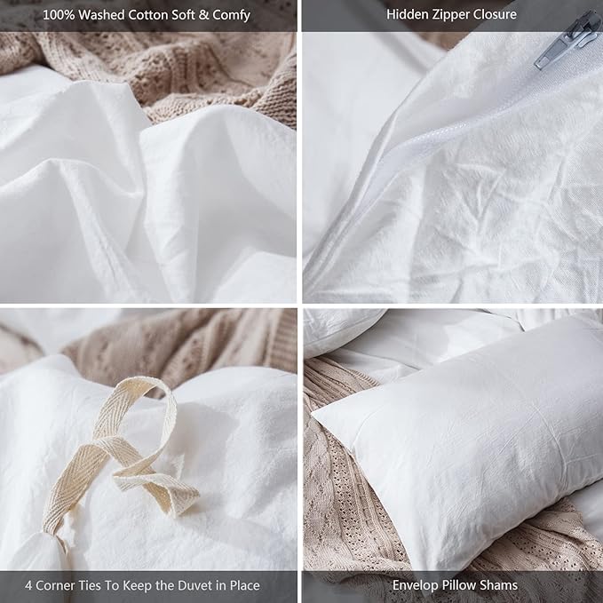 MooMee Bedding Duvet Cover Set 100% Washed Cotton Linen Like Textured Breathable Durable Soft Comfy (Solid Off White, Full 80"x90")