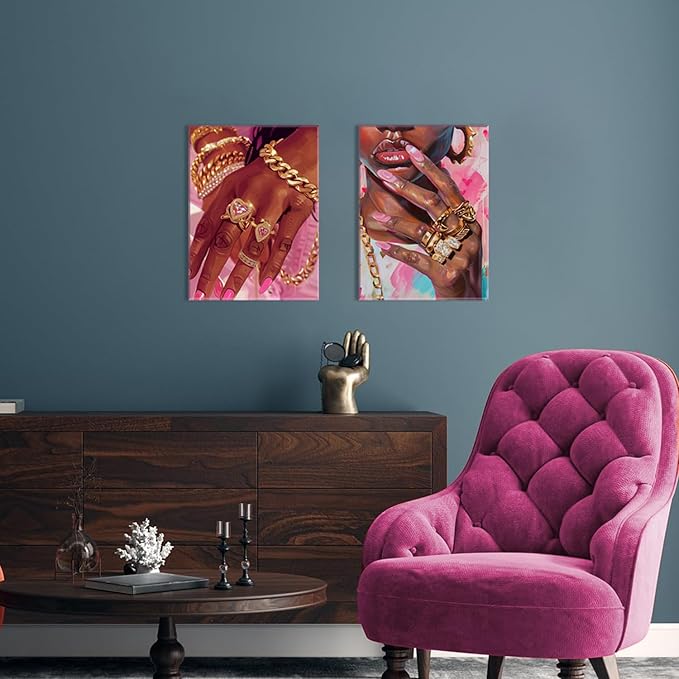 Black Girl Wall Art Set of 3 Pink Fashion Black Woman Canvas Wall Decor Pictures African American Women Paintings Home Decor Posters Prints for Living Room Bedroom Bathroom 12x16Inch Framed