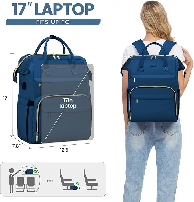 LOVEVOOK Laptop Backpack for Women,17 Inch Professional Womens Travel Backpack Purse Computer Laptop Bag Nurse Teacher Backpack,Waterproof College Work Bags Carry on Back Pack with USB Port,Royal Blue