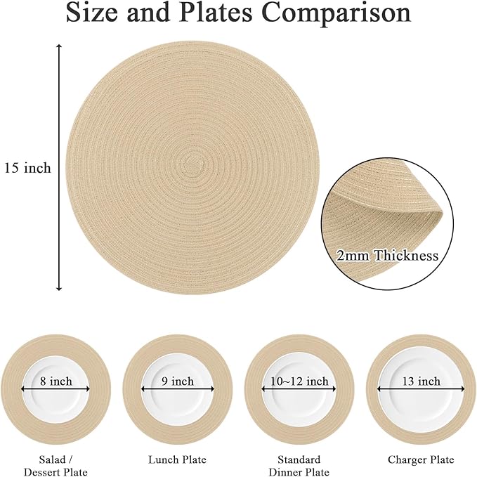 SHACOS 15 inch Round Braided Placemats Set of 6 Non Slip Heat Resistant Round Table Mats Fabric Place Mats for Dinner Party Table Decoration (Light Beige, 6)
