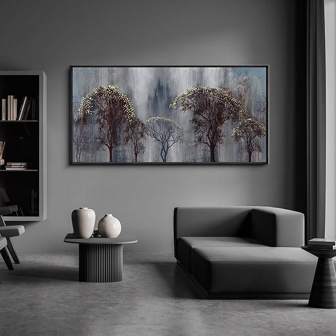 KLAKLA Living Room Wall Art - Black and White Wall Decor Large Picture Landscape Black and Gold Tree Artwork for Walls Frame Canvas Bedroom Office Home Decor 48x24 Inches