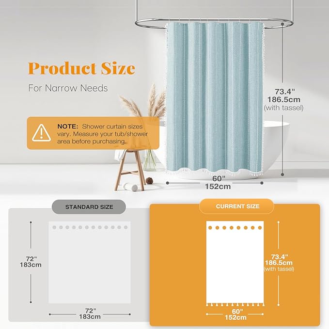 BTTN Stall Shower Curtain - 60x72 Narrow Boho Farmhouse Linen Vintage Striped Fabric Shower Curtain Set with 10 Hooks, Bohemian Cottage Decorative Weighted Cloth Shower Curtain for Bathroom - Fog Blue