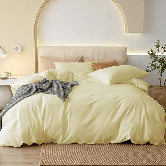 JIYUAN 100% Washed Cotton Duvet Cover Set 2 Pieces Twin, 1 Duvet Cover 68x90 Inches(Comforter Not Included) and 1 Pillowcases,Linen Feel Bedding Set Comfy and Breathable,Light Yellow