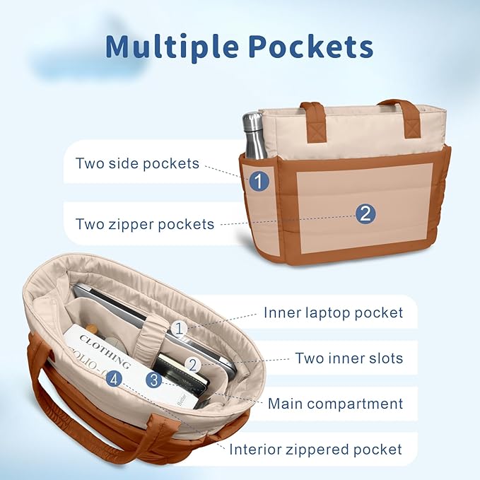 TOPDesign Puffer Tote Bag for Women, Lightweight Puffy Handbag with Compartments, Quilted Shoulder Bag for Work, Travel, Gym