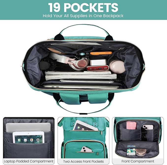 LOVEVOOK Laptop Backpack for Women,18 Inch Professional Womens Travel Backpack Purse Computer Laptop Bag Nurse Teacher Backpack,Waterproof College Work Bags Carry on Back Pack with USB Port,Mint Green