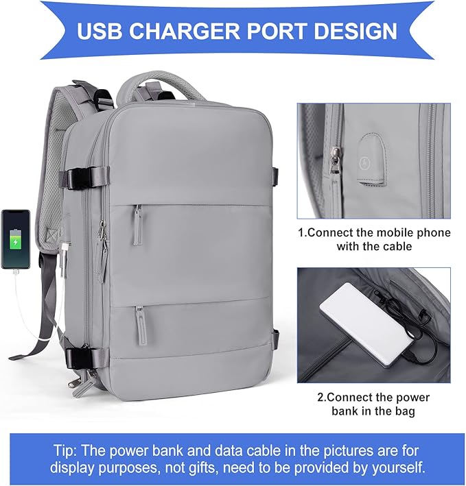 Coowoz Large Travel Backpack For Women Men, Flight Approved, Waterproof Outdoor Sports Rucksack, Casual Daypack, Fit 15.6 Inch Laptop Shoes, Grey