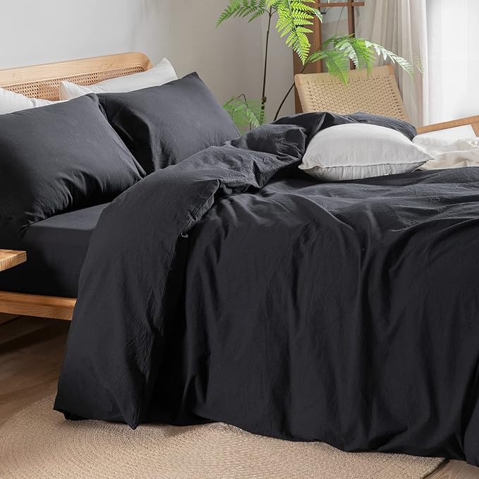 BESTOUCH Duvet Cover Set 100% Washed Cotton Linen Feel Super Soft Comfortable Chic Lightweight 2 PCs Home Bedding Set Solid Deep Black Twin/Twin XL