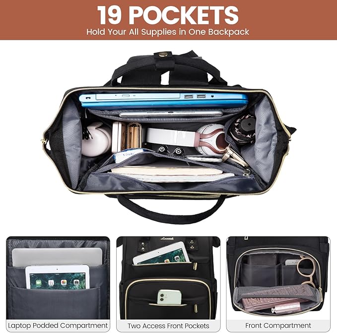 LOVEVOOK Laptop Backpack for Women,18 Inch Professional Womens Travel Backpack Purse Computer Laptop Bag Nurse Teacher Backpack,Waterproof College Work Bags Carry on Back Pack with USB Port,Black