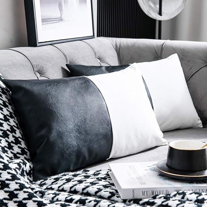 DEZENE Faux Leather Cotton Throw Pillow Covers for Couch Bed Sofa, Set of 2 12 x 20 inch Modern Square Decorative Bedroom Living Room Cushion Cases, Black and White