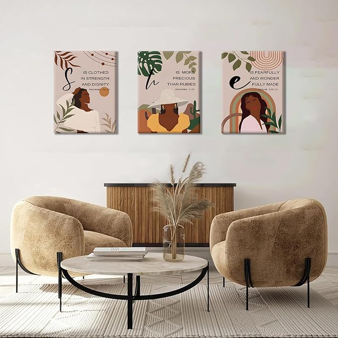 ANVOTIG 3Pcs Black Girl Canvas Wall Art African American Woman Wall Decor Inspirational Boho Culture Signs Western Country Girl Room Posters for Bedroom Livingroom Bathroom Study Framed 12x16in