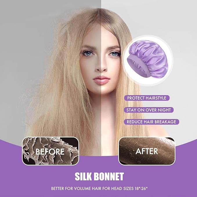 Satin Silk Bonnet for Sleeping, Double Layer Silk Sleep Cap for Men & Women, Soft Satin Lined Bonnet for Natural & Curly Hair(Purple)