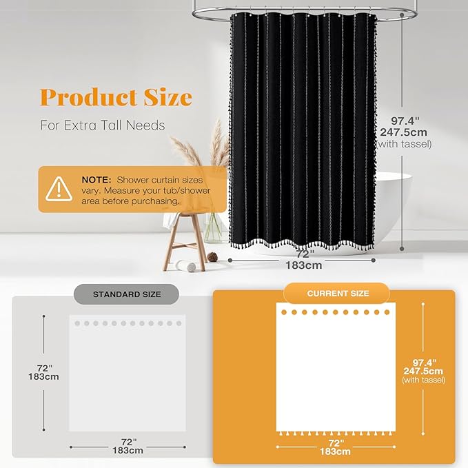 BTTN Extra Long Shower Curtain, 96 Inch Boho Rustic Striped Fabric Shower Curtain Set with Tassel, Water Repellent, Tall Chic Farmhouse Shower Curtain for Bathroom with Hooks, 72x96, Black and White