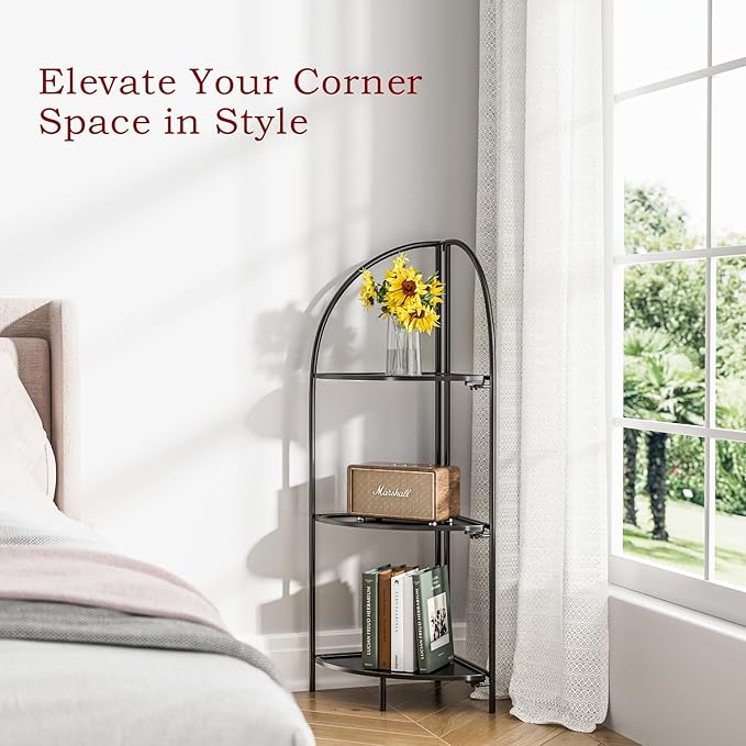 Crofy Foldable 3 Tier Corner Shelf, Metal Corner Plant Stand with Black Frame and Black Shelves, Corner Display Rack Multipurpose Shelving Unit for Living Room, Bedroom, Bathroom