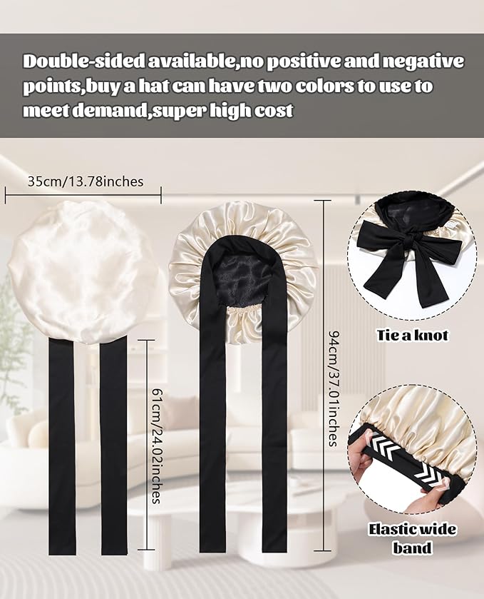 Satin Bonnet Silk Bonnet for Sleeping Silk Sleep Cap Double Layer Hair Bonnet with Elastic Tie Band for Curly Hair Night Cap (Black + Champagne)