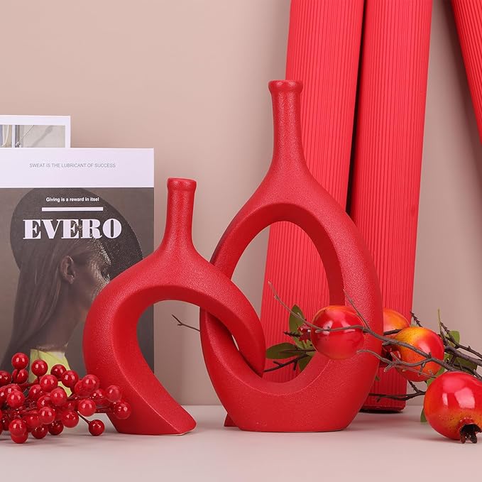 Dark Red Unique Hollow Bud Vases Set of 2,Modern Snuggle and Huging Style Ceramic Vase for Pampas Grass,Living Room Decorations for Fireplace,Coffee Table Centerpiece,Mantle,Bookshelf Decor