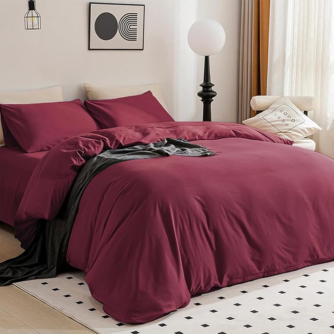 JELLYMONI Burgundy Duvet Cover King Size - 100% Washed Cotton Linen Like Textured Comforter Cover, 3 Pieces Breathable Soft Bedding Set with Zipper Closure (Burgundy, King 104"x90")