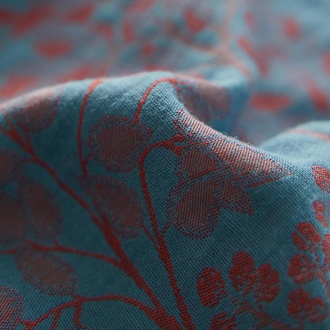 mixinni Muslin Cotton Vintage Blue Floral Duvet Cover Queen Size 3pcs Yarn Dyed Burgundy Jacquard Weave Bedding Comforter Cover Soft Breathable Bedding Sets for All Season-King Size