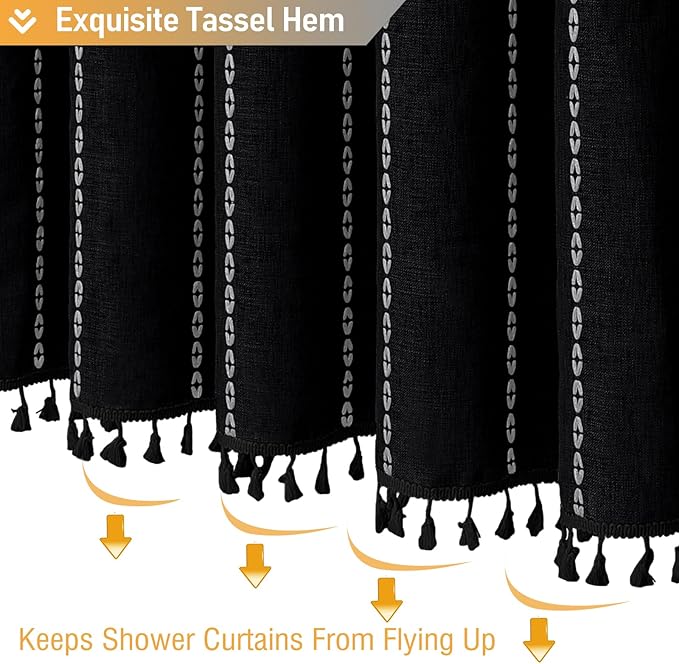 BTTN Boho Farmhouse Shower Curtain, Linen Rustic Weighted Striped Fabric Shower Curtain Set with Tassel, Water Repellent, Bohemian Vintage Country Shower Curtains for Bathroom, Black and White, 72x72