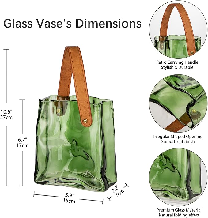 Glass Purse Vase for Flowers Green Vases for Centerpieces Glass Bag Vase with Leather Handle Small Handbag Vases for Decor Decorative Fish Bowl for Home Wedding Decor