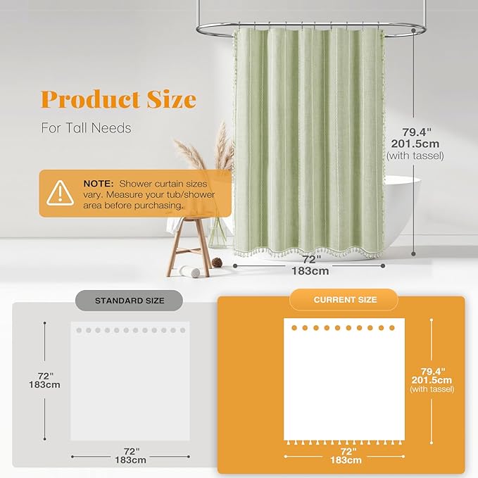 BTTN Boho Long Shower Curtain, 72x78 Inch Long Linen Thick Fabric Shower Curtain Set with Plastic Hooks, Tall Modern Farmhouse Country Neutral Textured Cloth Shower Curtains for Bathroom - Sage Green