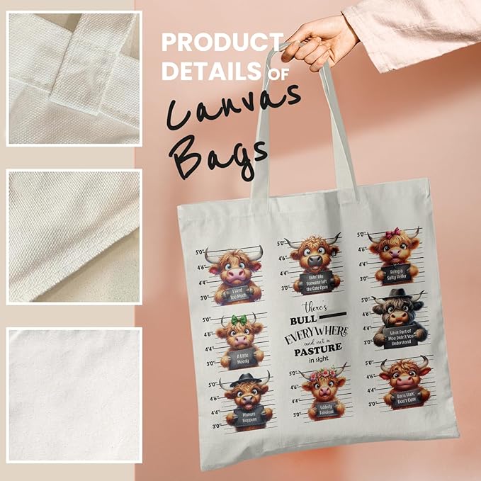 Western Highland Cow Canvas Tote Bag - Highland Cow Lover Gifts,Canvas Shoulder Bag for Women for Girls