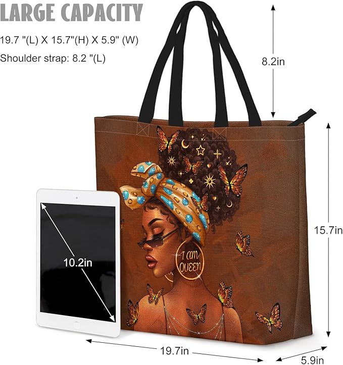 African American Women Tote Bag Black Shoulder Handbag For Women Fit Work Beach Labtops With Zip