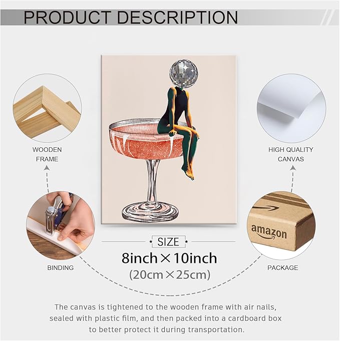 Funky Disco Ball Girly Head Poster 70s Retro Cocktail Canvas Wall Art 08x10 inch Framed Trendy Vintage Beige Prints Painting for Family Bar Wall Decor