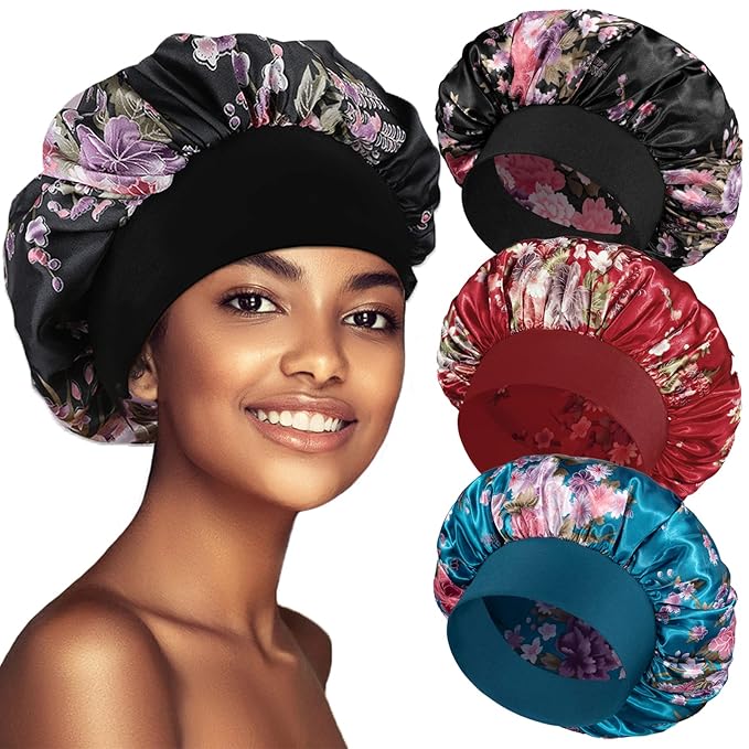 3 Pack Satin Bonnet Silk Hair Bonnet for Sleeping, Sleep Bonnets for Women Large Wide Soft Band Sleep Cap for Curly Hair Braids
