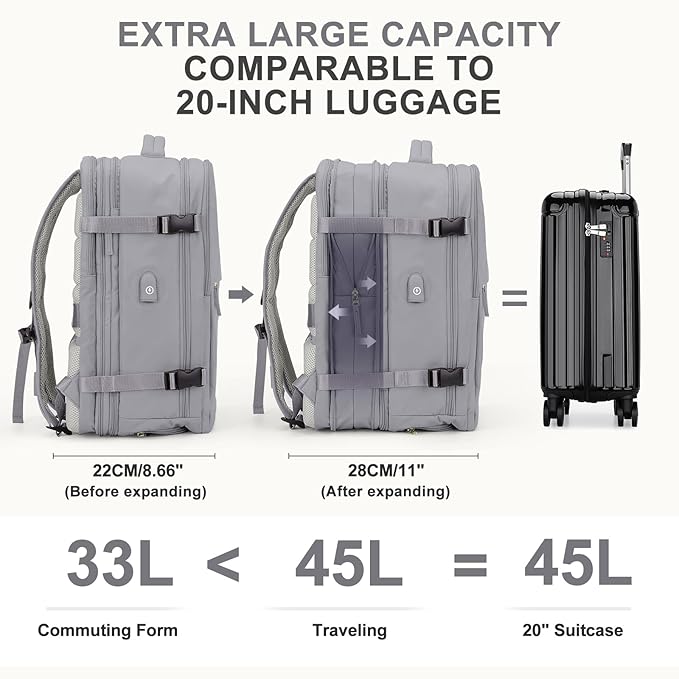 coowoz Large Travel Backpack For Women Men, Carry On Backpack,Hiking Backpack Waterproof Outdoor Sports Rucksack Casual Daypack Expandable Heavy Duty Extra large Backpack Grey Expansion