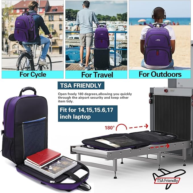 ProEtrade Travel Backpack, Extra Large Laptop Backpack School Business Anti Theft TSA Approved College Work Computer Bag Fits 17 Inch Laptop with USB Charging Port Bookbag for Women Men(Purple)