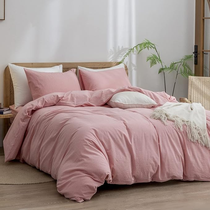 BESTOUCH Duvet Cover Set 100% Washed Cotton Linen Feel Super Soft Comfortable Chic Lightweight 3 PCs Home Bedding Set Solid Red Pink Queen