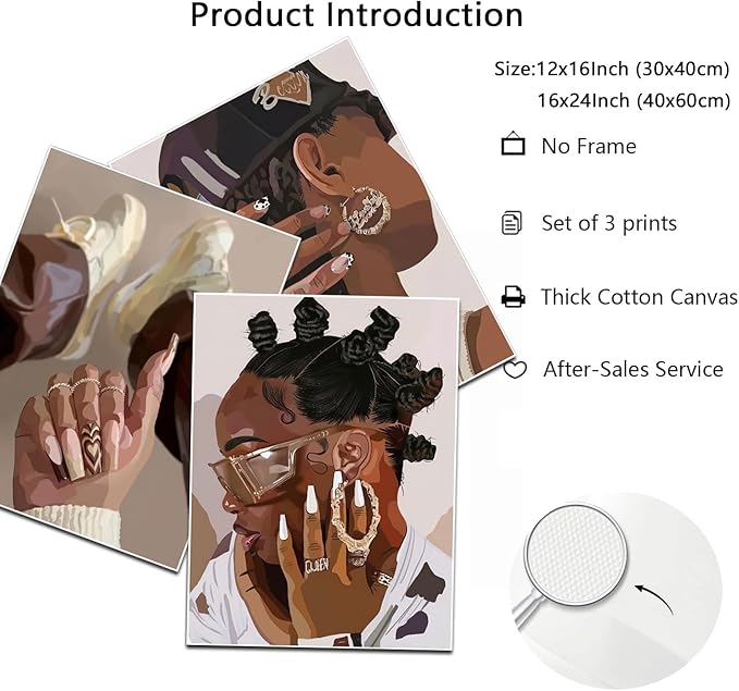 Marllifenney 3Pcs Black Girl Wall Art Posters Black Woman Decor Abstract African American Canvas Prints Modern Black Women Painting Black Female Pictures for Bedroom Living Room Dorm 12x16in Unframed