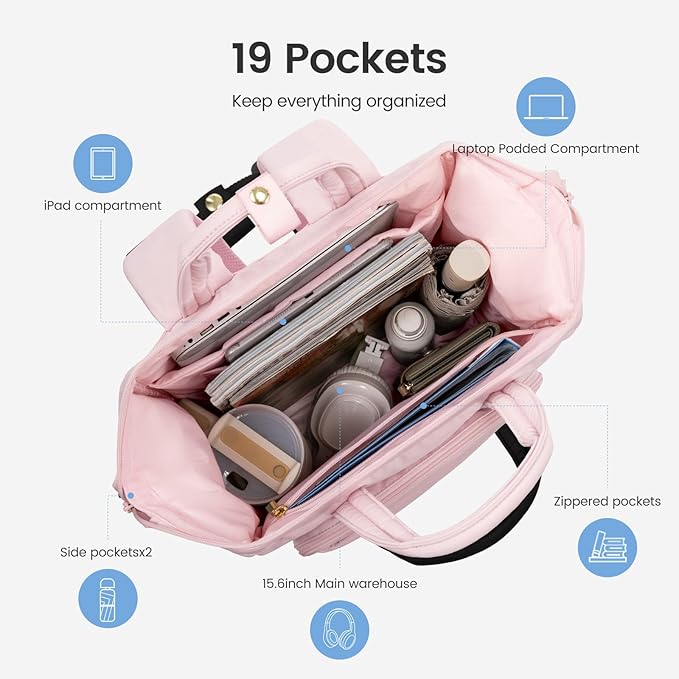 LOVEVOOK Laptop Backpack Women 15.6 inch,Lightweight Puffer Travel Backpacks for Women,Quilted Laptop Bag Computer Work Teacher Nurse Backpack,Womens Backpack Purse Daypack for College Business,Pink
