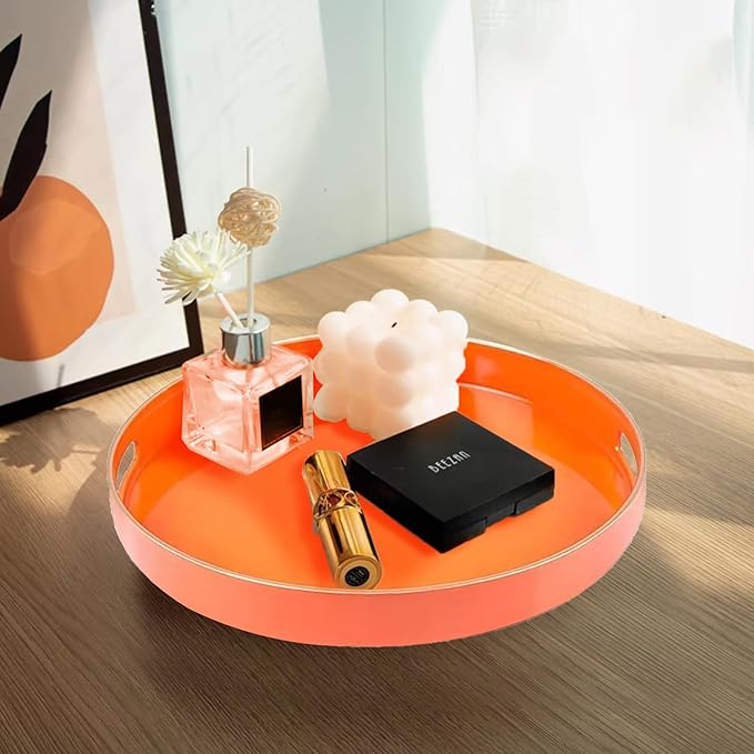 Fuukoou Orange Round Serving Tray with Handles,13" Decorative Ottoman Coffee Table for Perfume,Living Room,Home Decor