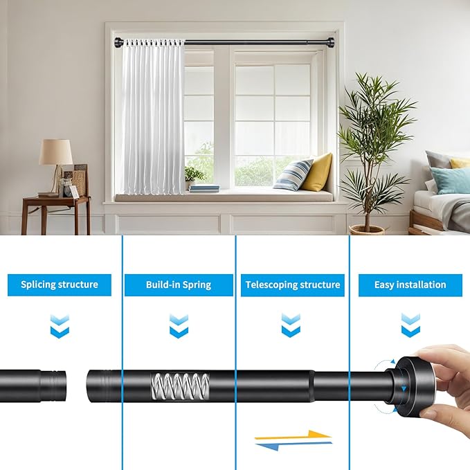 YNL Tension Shower Curtain Rod 34-66 Inch, Adjustable Spring Tension Curtain Rod No Drilling, Non-Slip, Never Rust, Stainless Steel, for Small Window Laundry Door Entryway, Matte Black