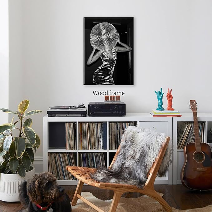 Vintage Funky Y2k Hot Girl Poster Black and White Disco Ball Canvas Wall Art 12x16 inch Framed Trendy Preppy Bar Cart Decor for Living Room Dorm