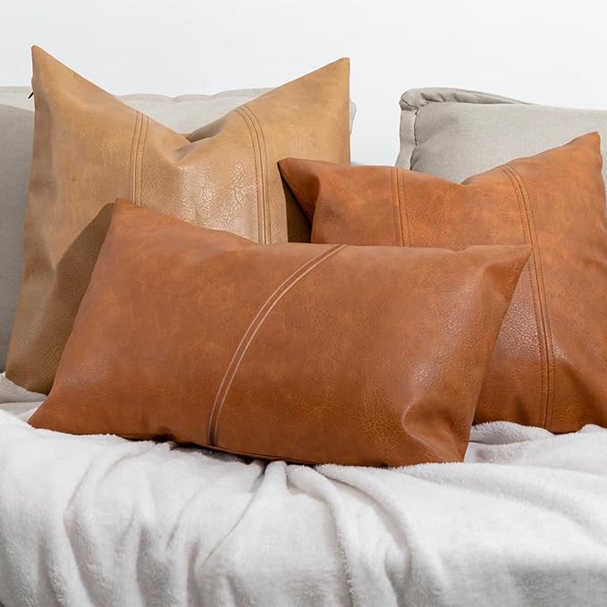 Faux Leather Throw Pillow Covers 22X22 Inch Barcelona Brown Outdoor Modern Farmhouse Solid Decorative Pillow Covers for Room Couch Living Bedroom Bed Sofa