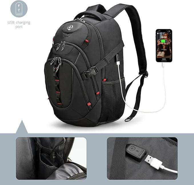 Swissdigital Design Travel Backpack for Men with Apple Find My, Laptop Backpack with USB Charging Port, RFID Protection, Add-A-Bag System - Travel Backpack for Men-Finder Color Random