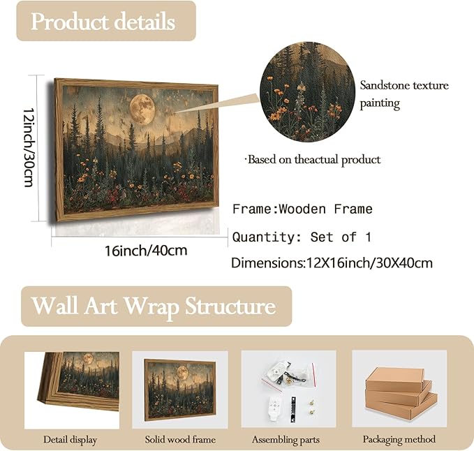 Vintage Moon Forest Wall Art, 3D Textured Nature Landscape Wall Decor Paintings, Hand Drawn Sandstone Woodland Wildflower Picture Prints Artwork for Bedroom Living Room 12x16 inch Wood Framed