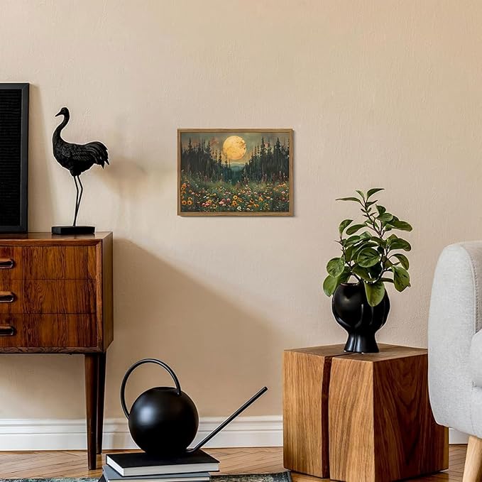 Vintage Forest Moon Wall Art, Nature Pine Tree Woodland Wall Decor Paintings, Dark Cottagecore Landscape 3D Textured Hand Drawn Sandstone Artwork for Bedroom Living Room 12x16 inch Wood Framed