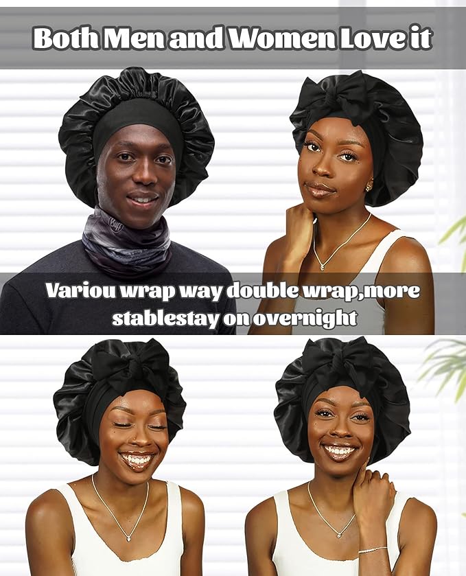 Satin Bonnet Silk Bonnet for Sleeping Silk Sleep Cap Double Layer Hair Bonnet with Elastic Tie Band for Curly Hair Night Cap (Black+Red)