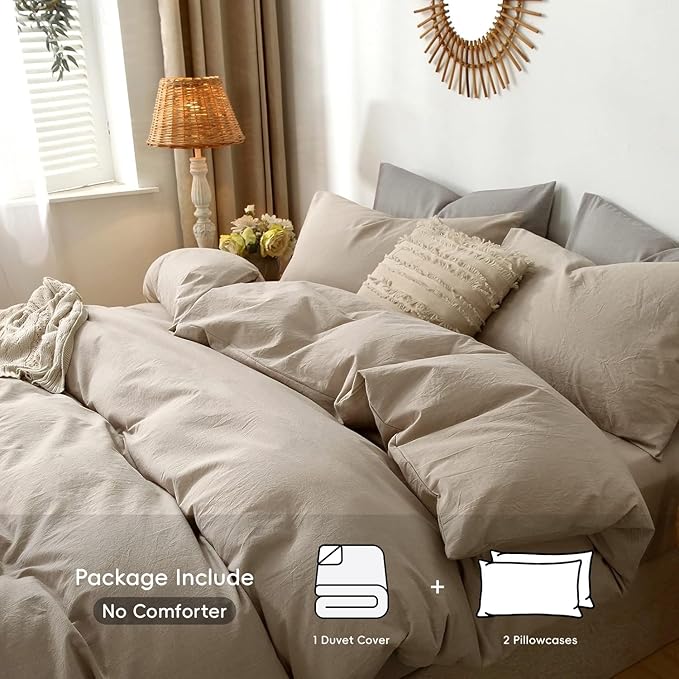 MooMee Bedding Duvet Cover Set 100% Washed Cotton Linen Like Textured Breathable Durable Soft Comfy (Heathered Taupe, Palatial King/Oversized King 120"x98")