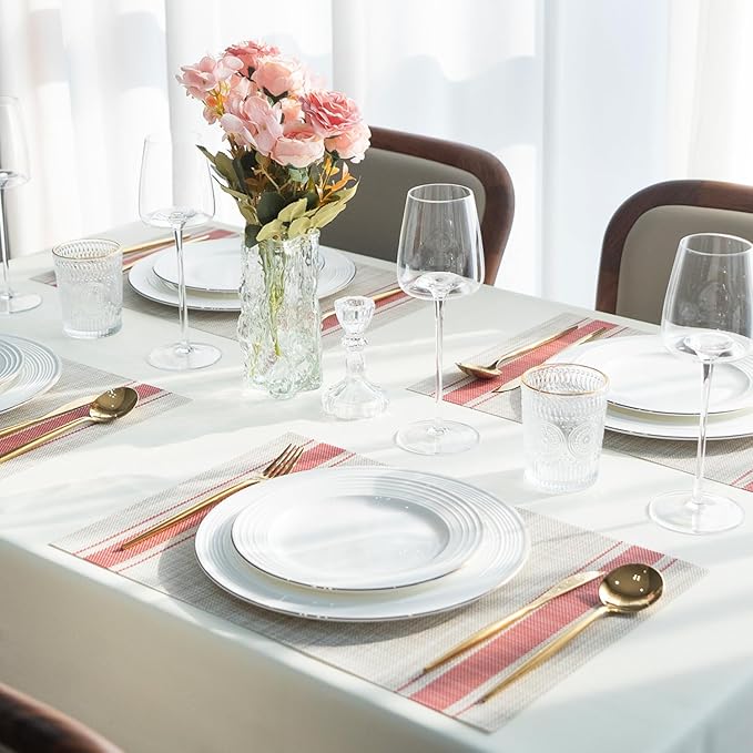 Placemats Set of 4 Vinyl/Plastic Woven Place Mats for Kitchen Table Indoor/Outdoor Washable Placemat Wipeable Dining Table Mats (Khaki Red,4)