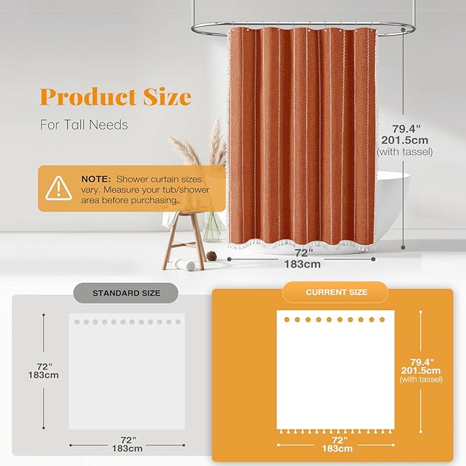 BTTN 78 Inch Long Shower Curtain - Boho Farmhouse Striped Linen Fabric Shower Curtain Set with Tassel, Water Repellent, Tall Country Shower Curtain for Bathroom with Hooks, 72"x78", Burnt Orange