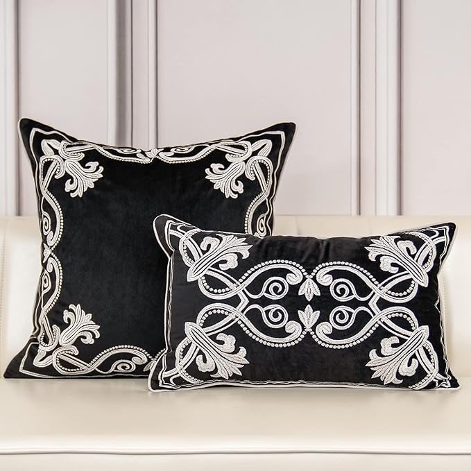 Aeckself European Floral Pillow Cover 12x20 Inch, Luxury Velvet Embroidered Lumbar Pillow Case for Sofa Bedroom Living Room White Black